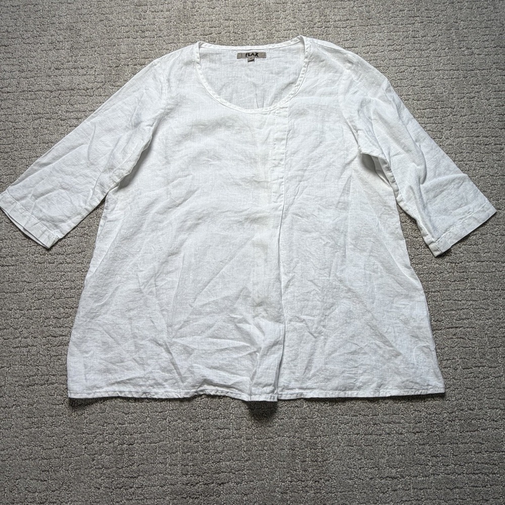 FLAX Linen Tunic Top M White Inverted Pleat Front Scoop Neck Lagenlook Boho